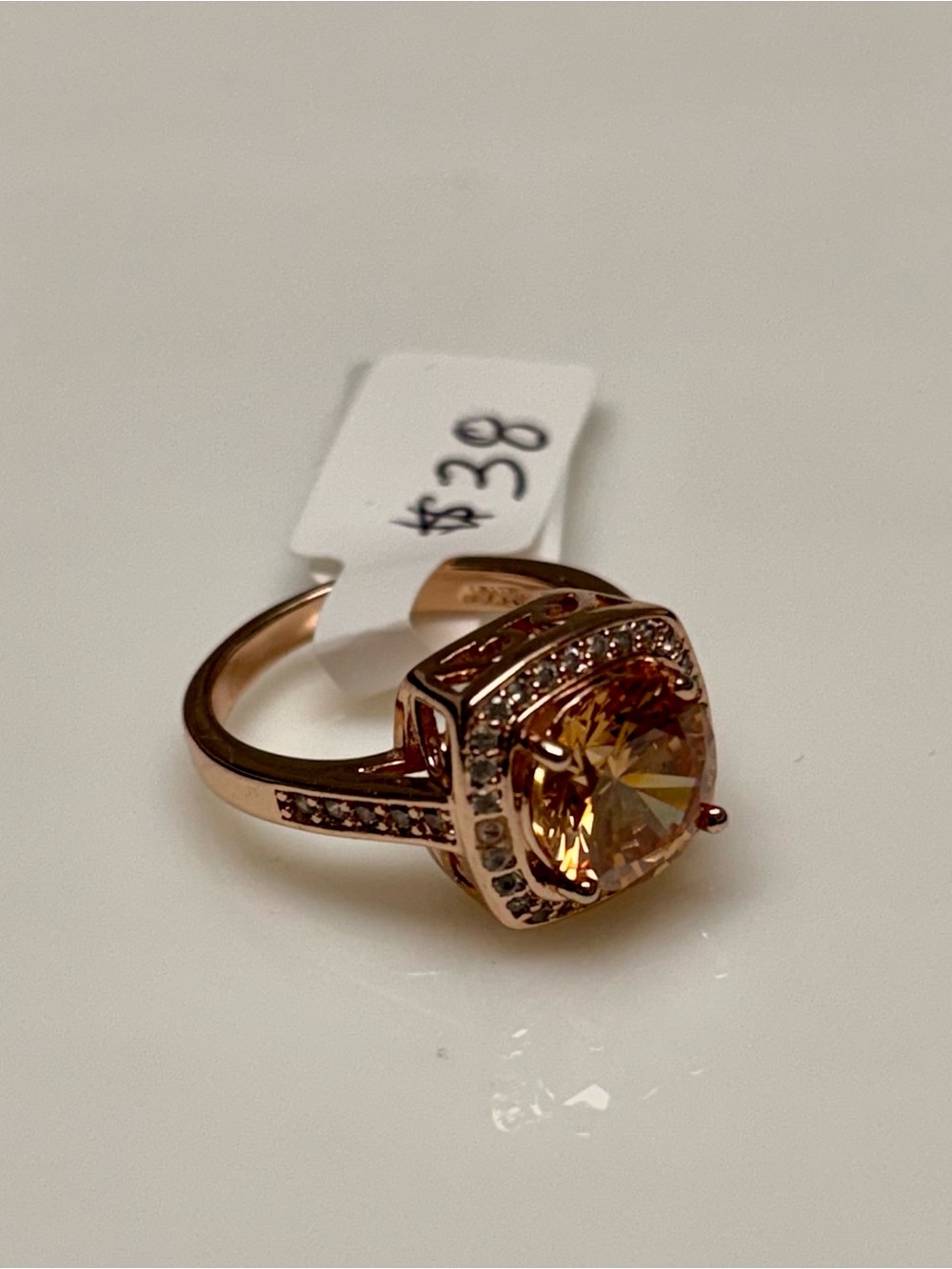 Rose Gold Tone Cushion Square Champagne Topaz CZ Halo  Ring. Size 6.5  New